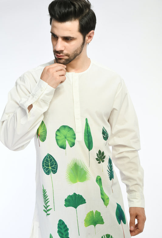 White cotton kurta showcasing abstract digital print in the front